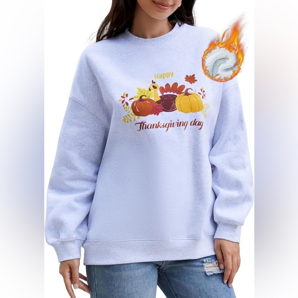 Happy Thanksgiving Day Women Fleece Sweatshirt Pullover Light Gray M